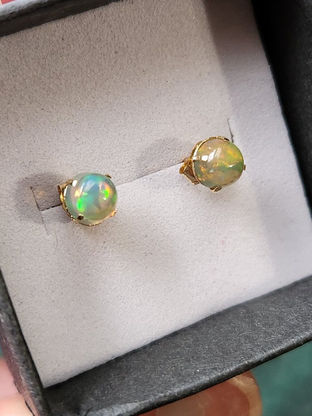 Bella 14K SOLID Yellow Gold 1.18cts Natural Ethiopian Black Forest Opal Earrings - Picture 11 of 17